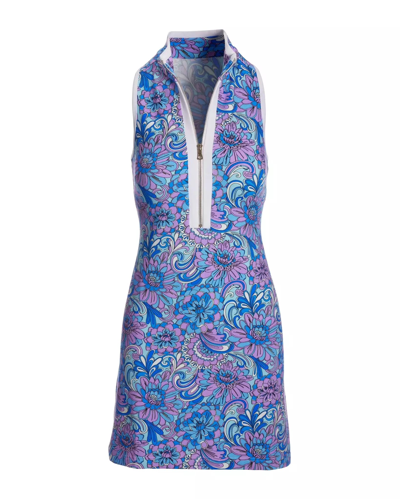 Abstract Floral Sleeveless Chic Zip Dress Blue