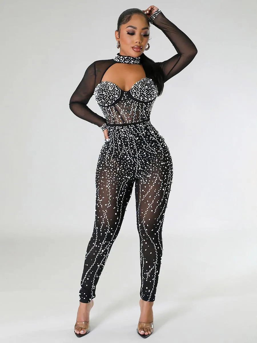 Alluring Jumpsuit Rhinestones Sheer Long Sleeves Skinny Rompers