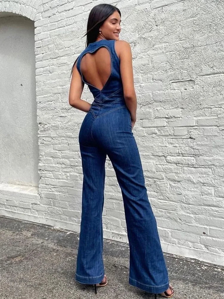 Ashore Shop Backless Heart Cutout Bodycon Jumpsuit For Women Casual Sleeveless Slim One-Piece Outfits Retro Denim Jumpsuits New 