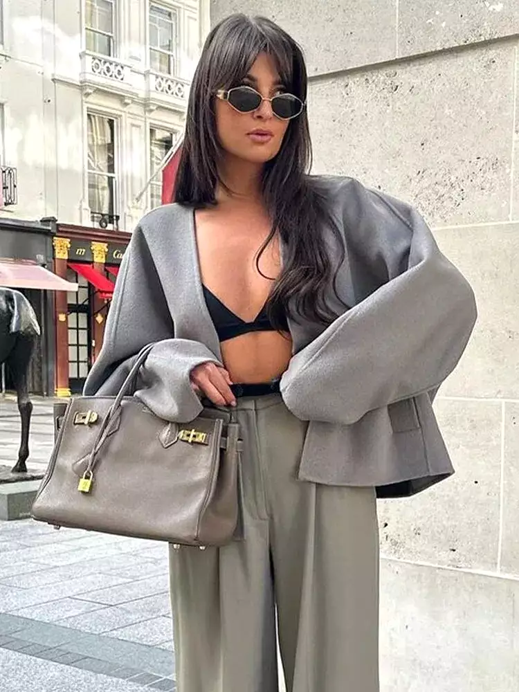 Autumn Women's Grey Cropped Coat Elegant V-neck Single Breasted Long Sleeve Female Coats Winter Female Chic Streetwear Jackets