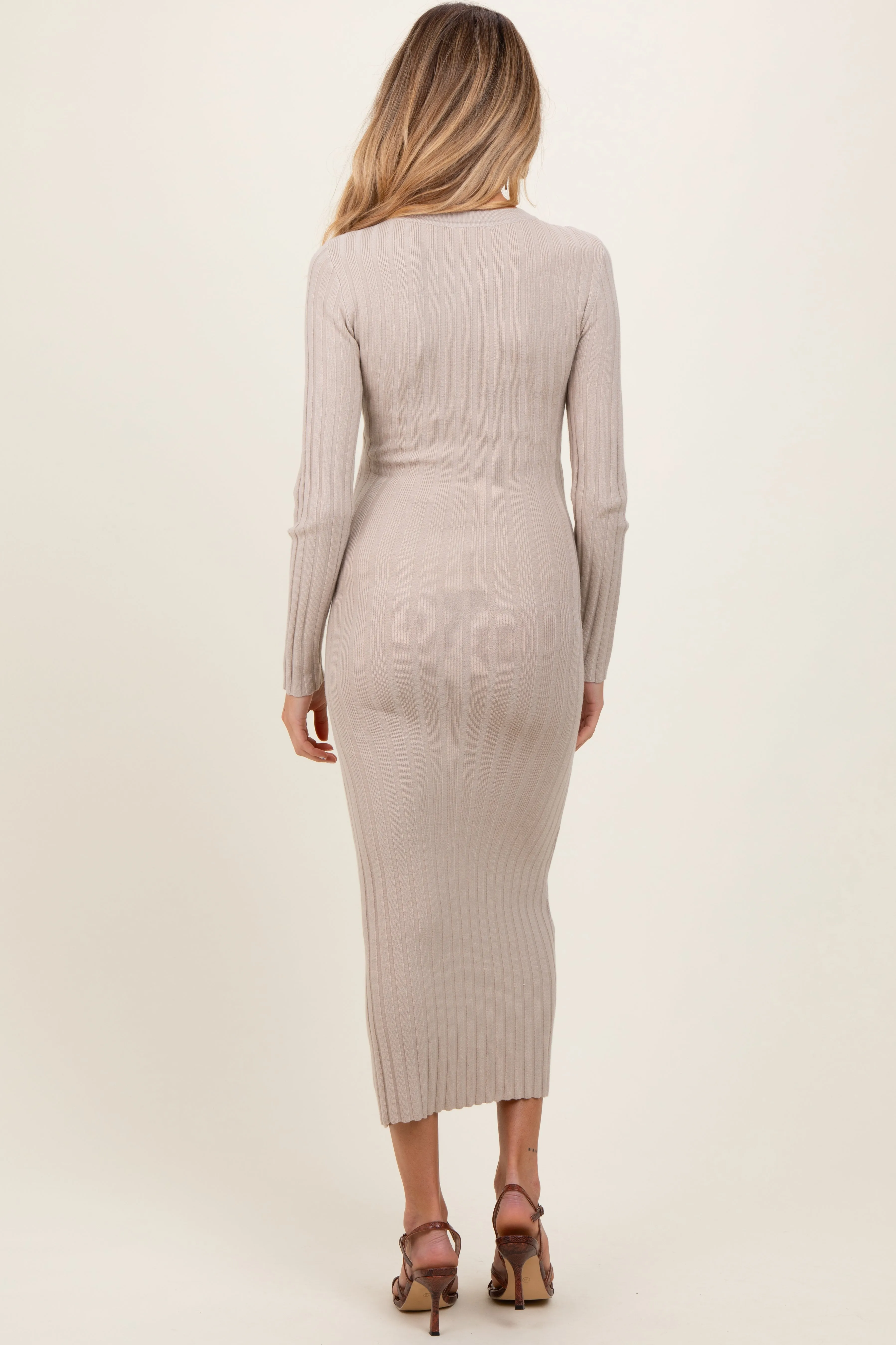 Beige Ribbed Knit Fitted Maternity Midi Sweater Dress