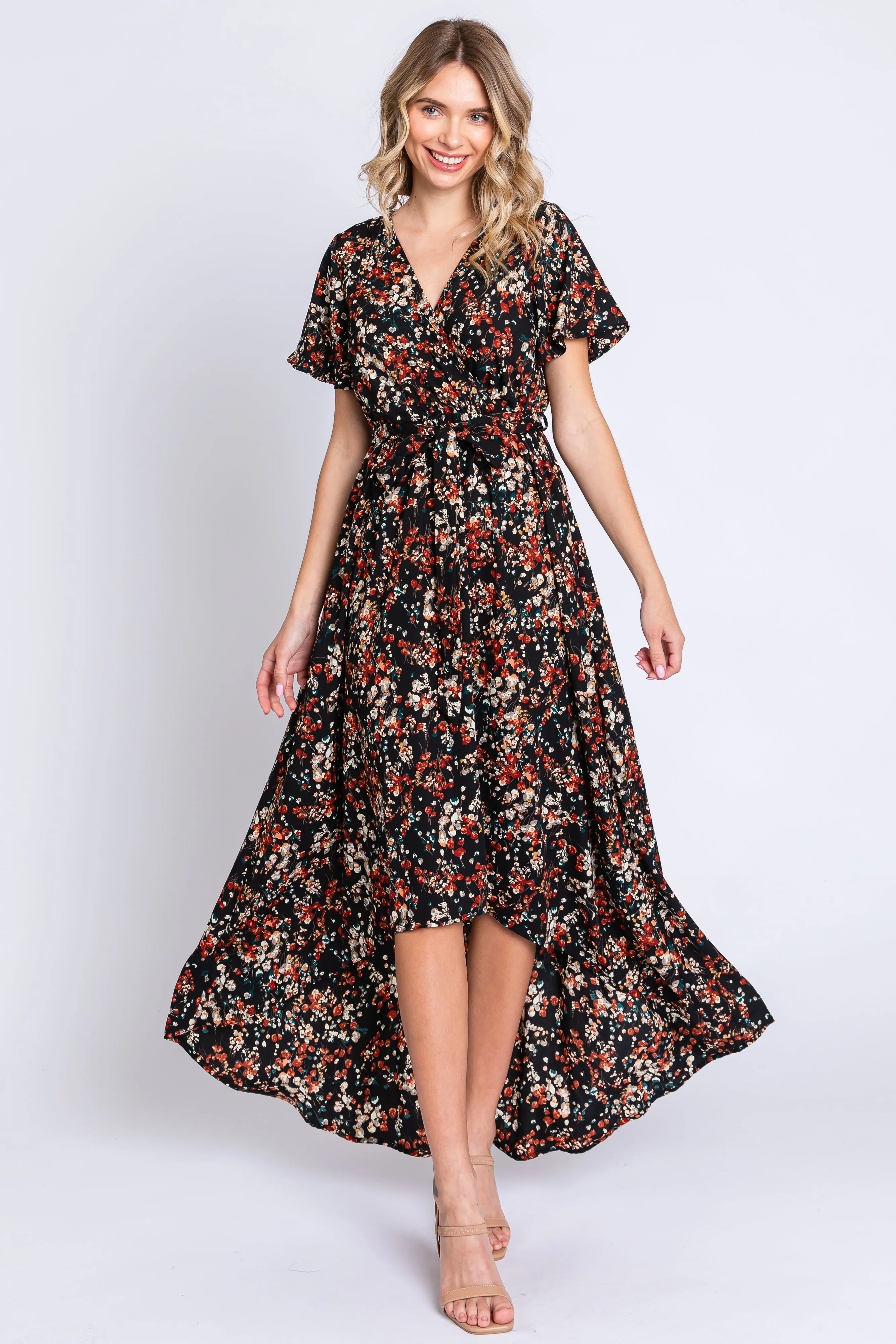 Black Floral Hi-Lo Wrap Maxi Dress