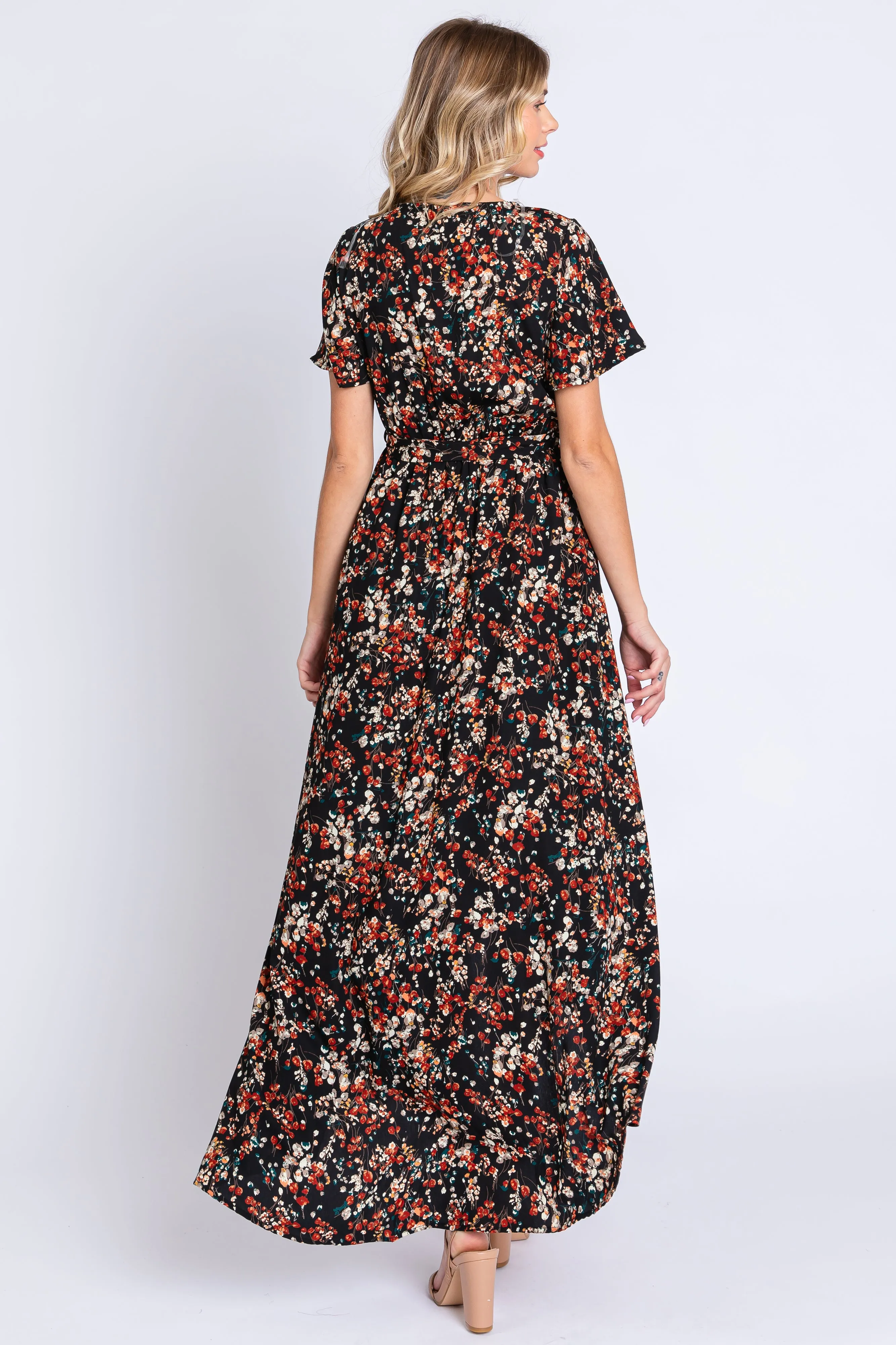 Black Floral Hi-Lo Wrap Maxi Dress