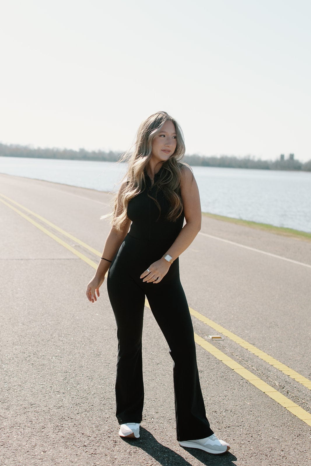 Black Half Zip Flare Athletic Jumpsuit