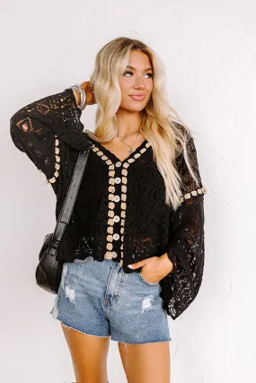 Boho Feeling Pointelle Knit Sweater in Black