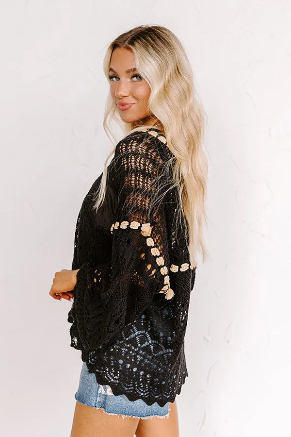 Boho Feeling Pointelle Knit Sweater in Black