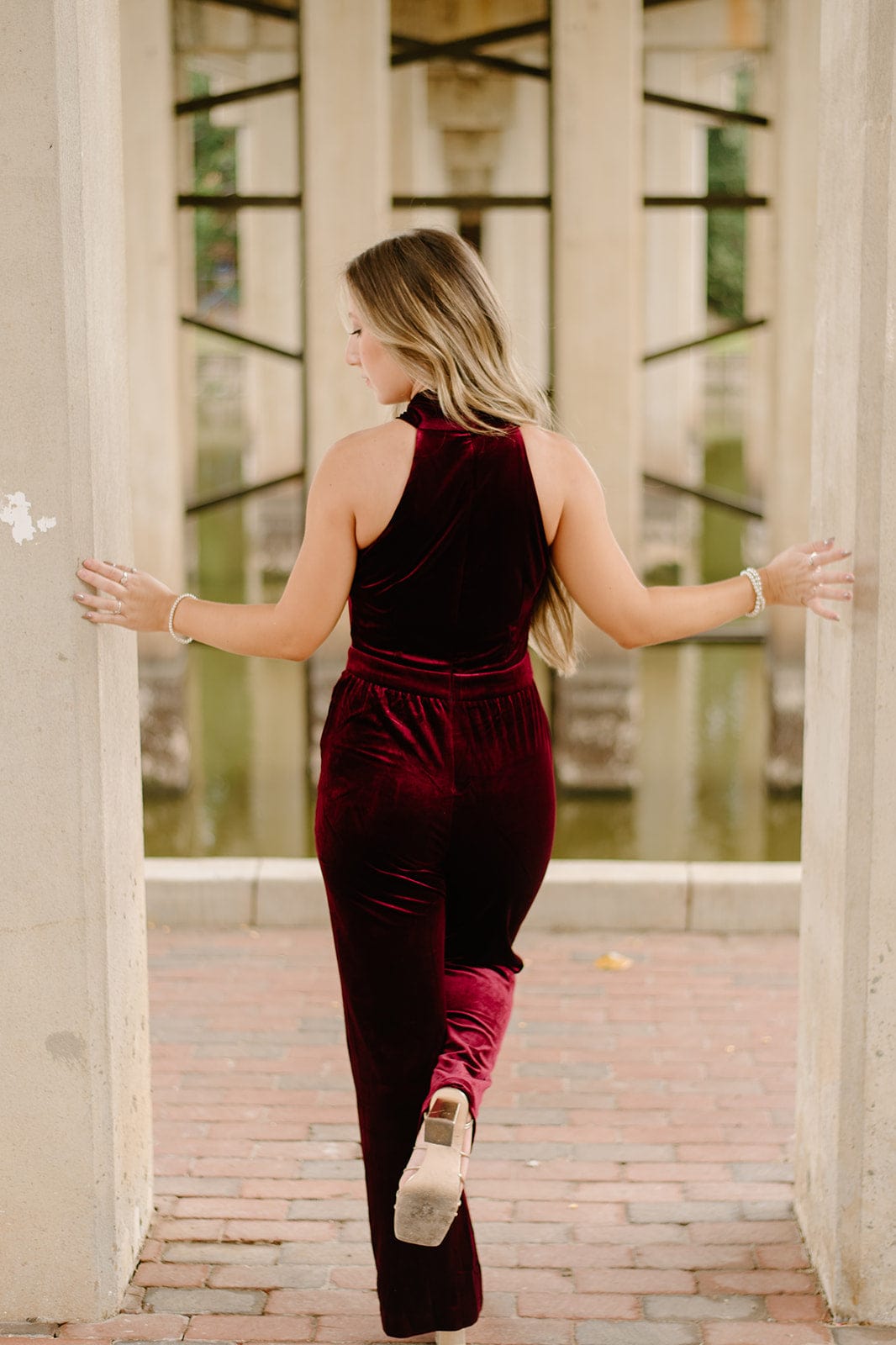 Burgundy Velvet Halter Neck Jumpsuit