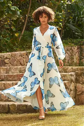 Butterfly Wings Wrap Maxi Dress Blue/White