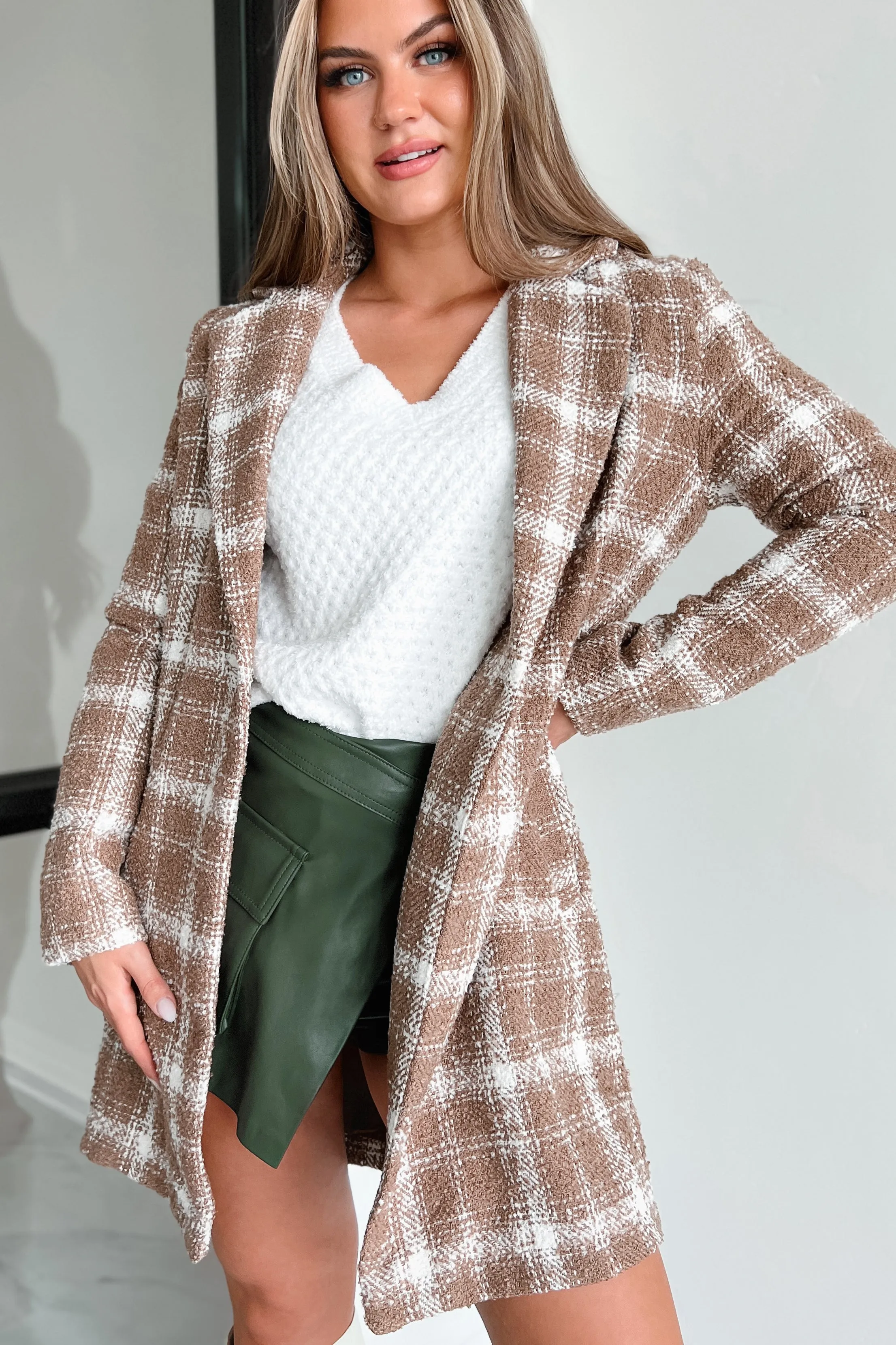 Caffeine Crush Plaid Boucle Long Coat (Mocha/Ivory)