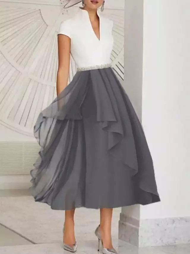 Cocktail Party Dress Swing Dress Midi Dress Blue Gray Short Sleeve Pure Color Ruched Spring Summer V Neck Modern Office Wedding 