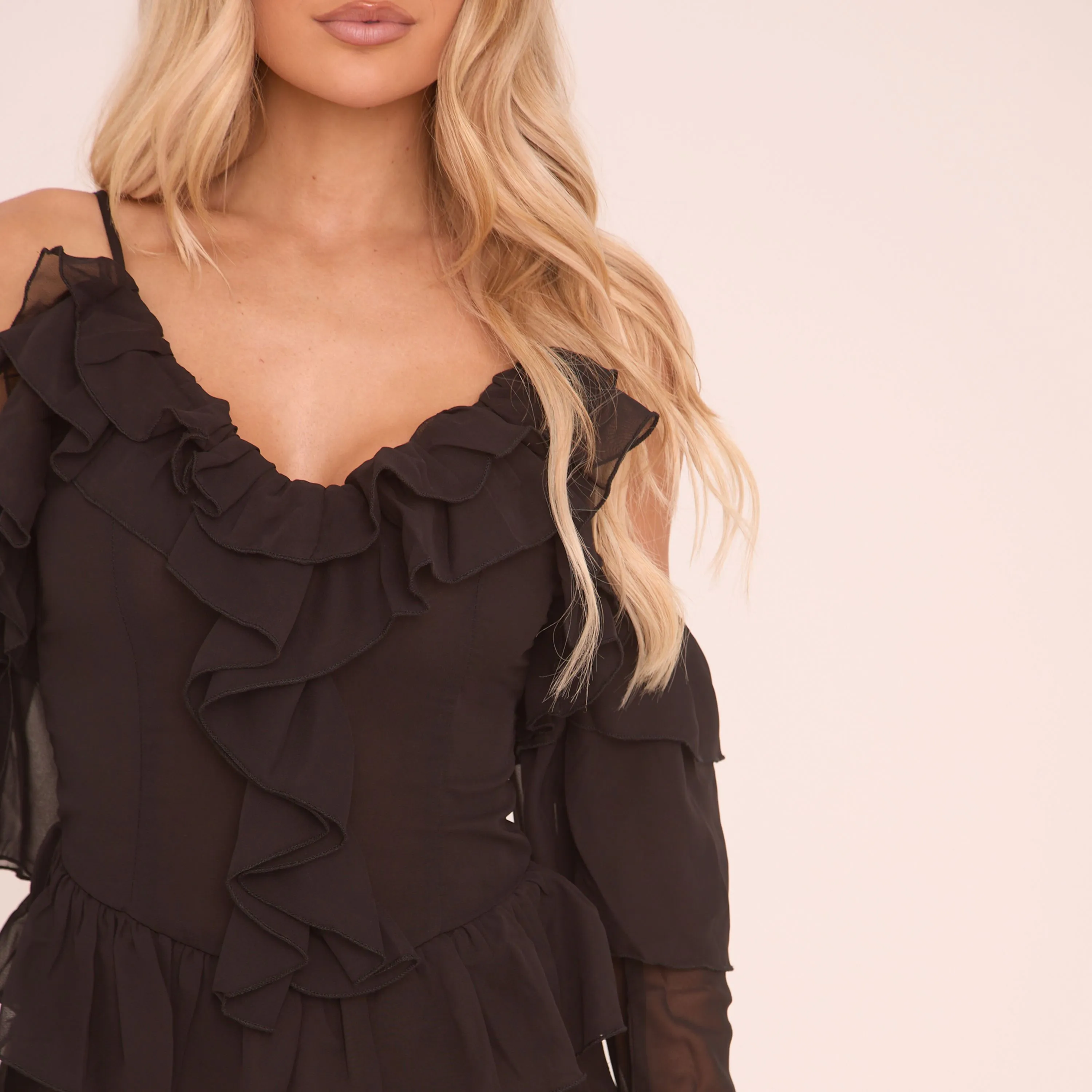 Cold Shoulder Plunge Frilly Playsuit In Black Mesh