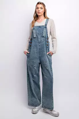 Easel Washed Denim Loose Fit Jumpsuit