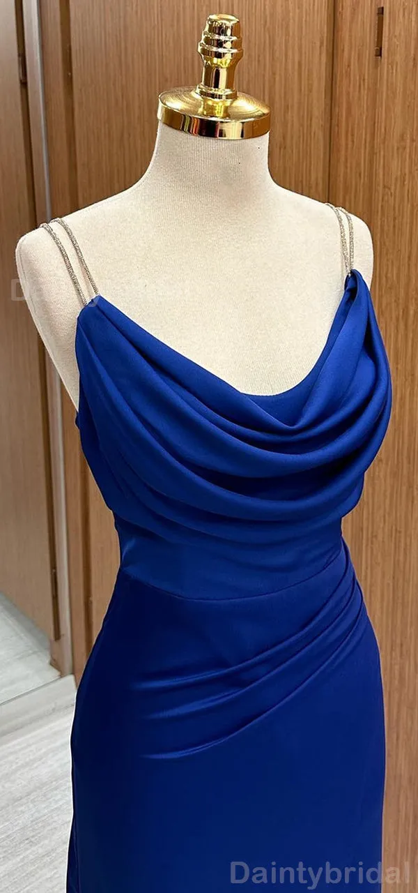 Elegant Side Slit Mermaid Spaghetti Straps Satin Royal Blue Long Evening Prom Dress Online, OL089