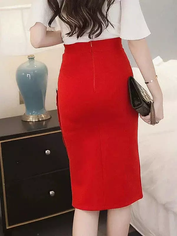 Elegant Women's Knee-Length Pencil Skirt in Black and Red