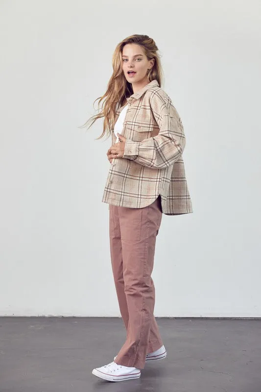 Erma Plaid Button Down Jacket - Taupe