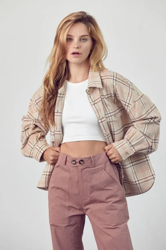 Erma Plaid Button Down Jacket - Taupe