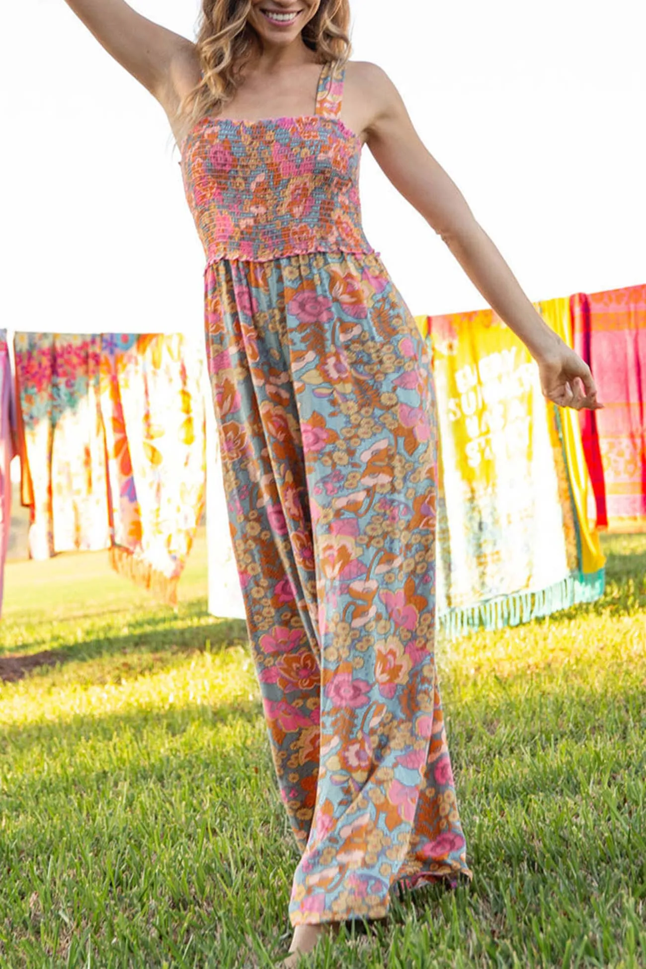 Floral Print Smocked Cami Jumpsuits