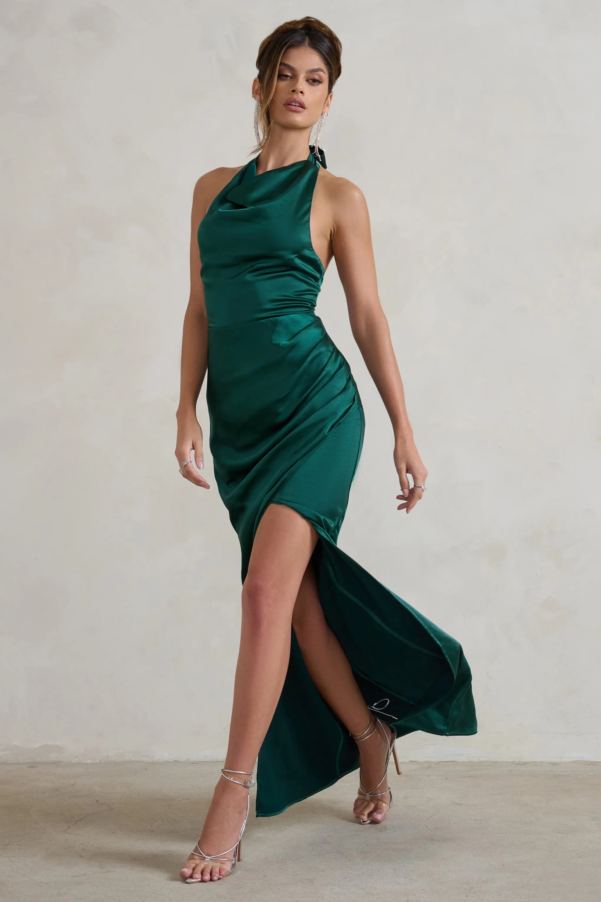 Forever Feature | Bottle Green High Neck Wrap Maxi Dress