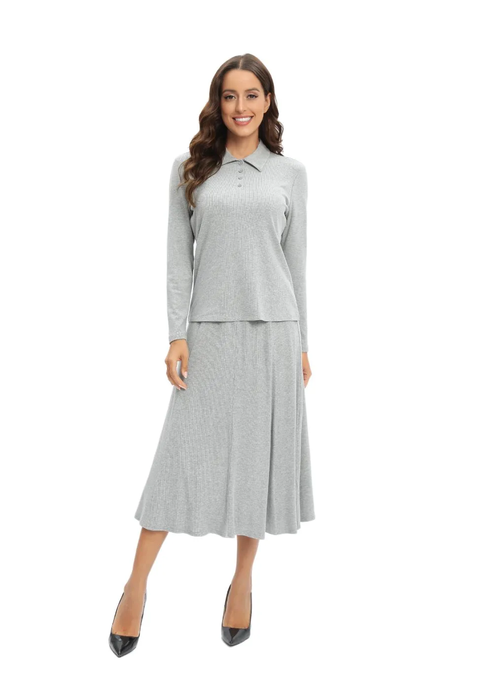 Grey Jersey Polo Shirt and Matching Skirt Set