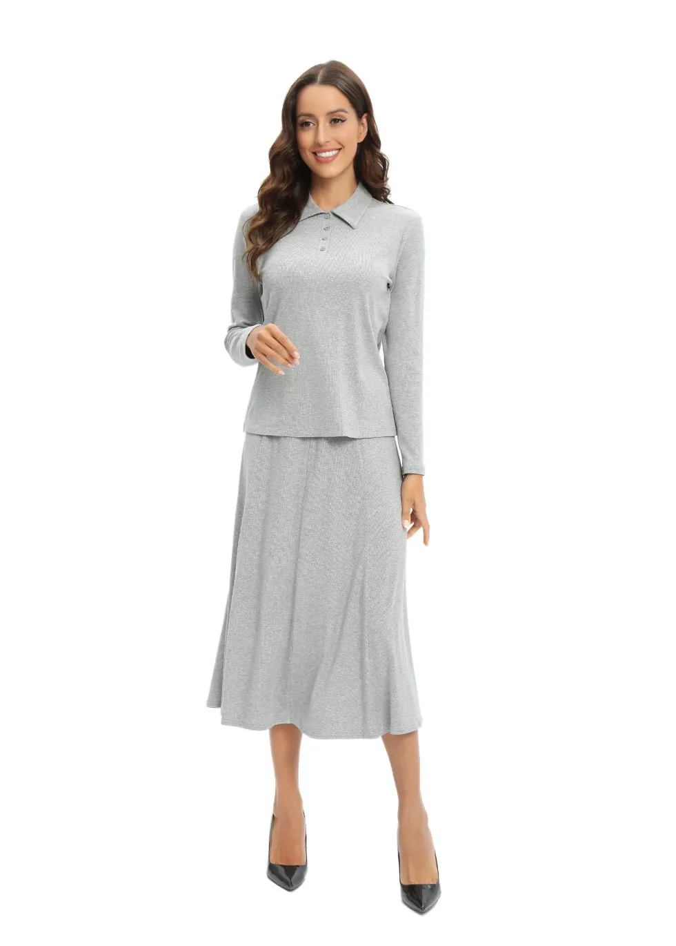 Grey Jersey Polo Shirt and Matching Skirt Set