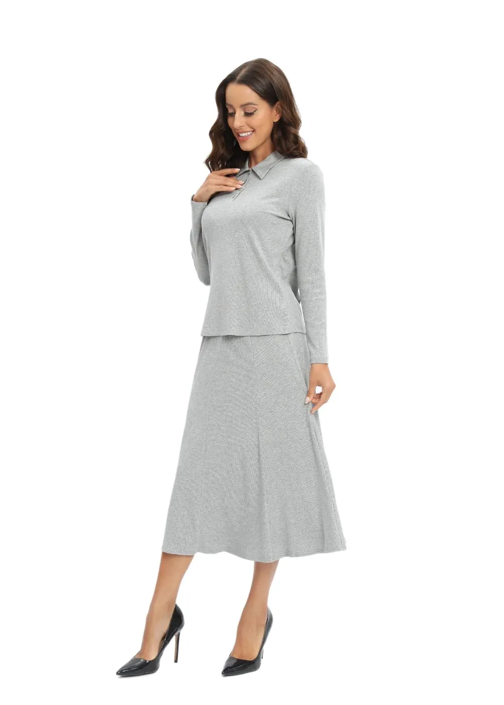 Grey Jersey Polo Shirt and Matching Skirt Set