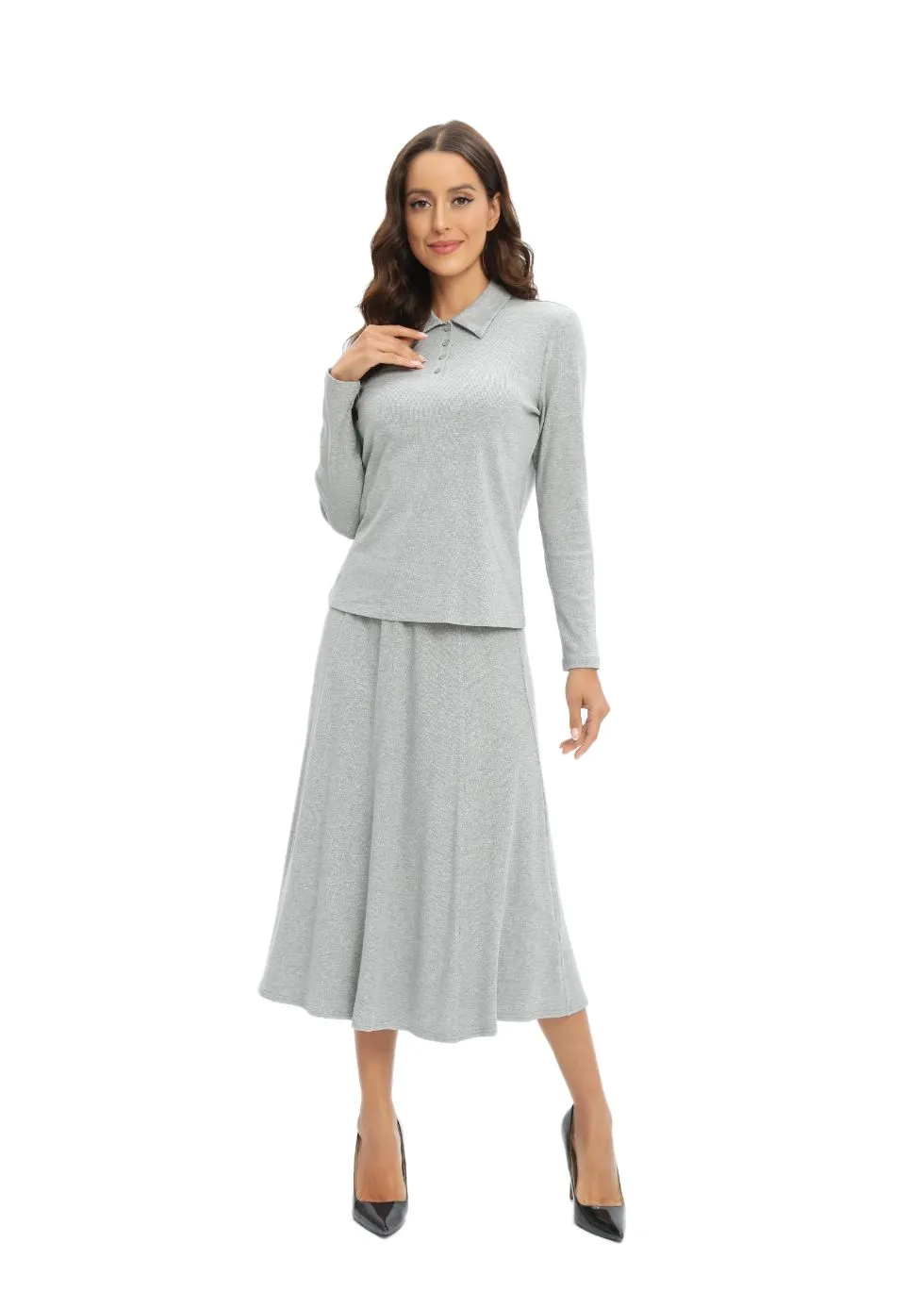 Grey Jersey Polo Shirt and Matching Skirt Set