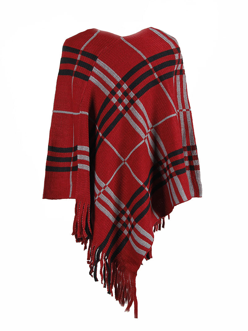 Haute Edition Women's Plaid Poncho with Fringe. One size fits all (S-XL).