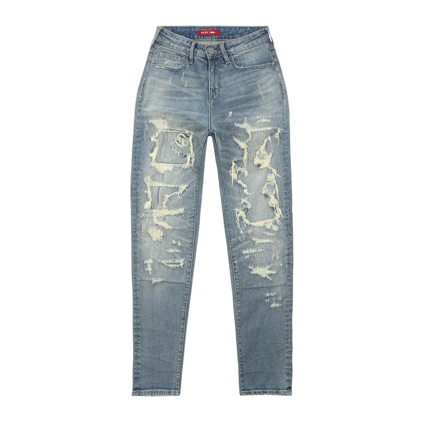 High Rise Tapered Rip Off Jeans - Lisbon Blue