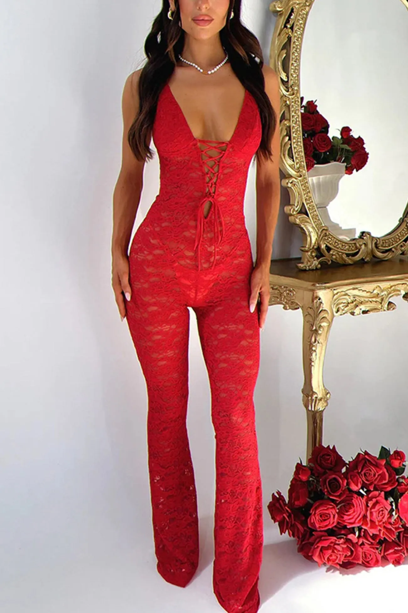 Lace Halterneck Tie-up Jumpsuits