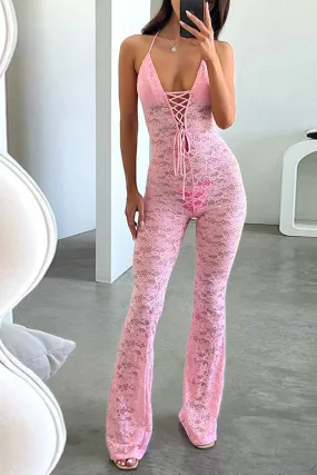 Lace Halterneck Tie-up Jumpsuits