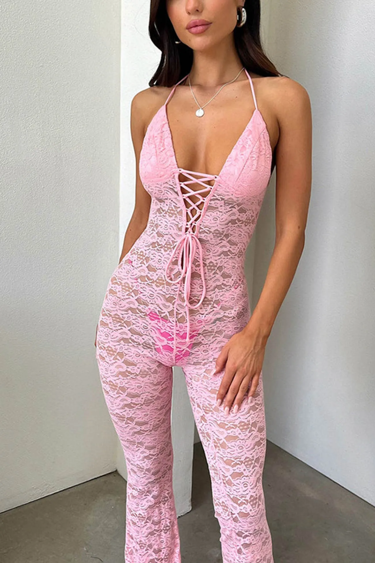 Lace Halterneck Tie-up Jumpsuits