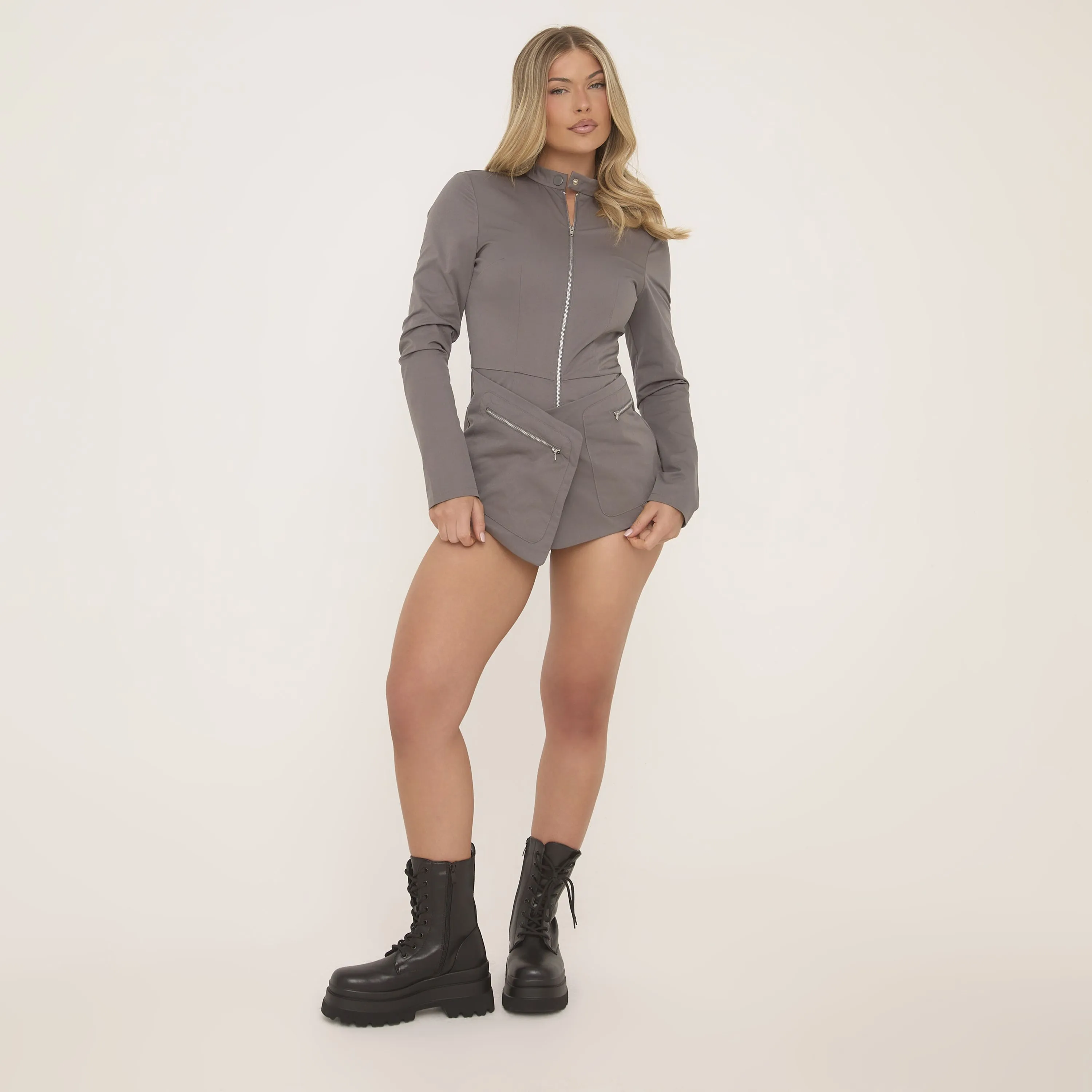 Long Sleeve High Neck Zip Front Cargo Playsuit In Grey Woven