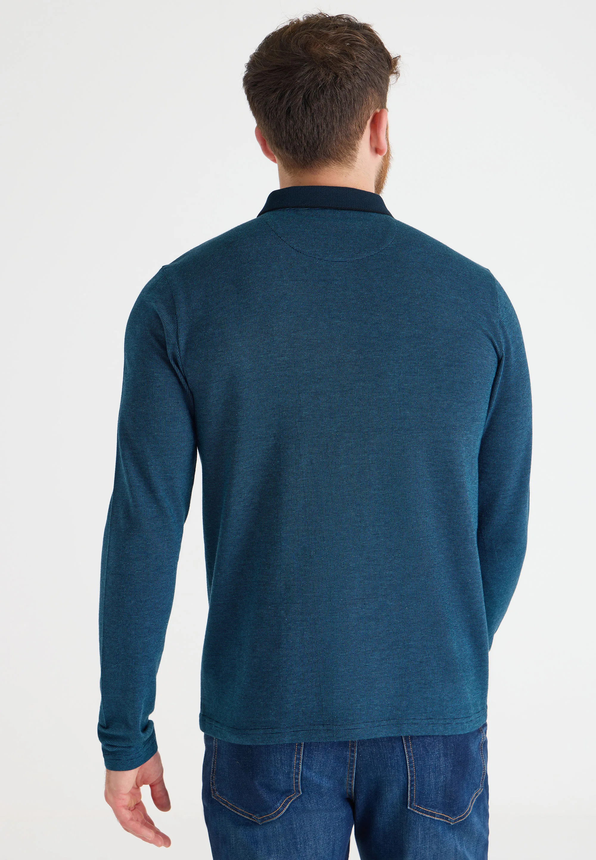 Mens Teal Jacquard Long Sleeve Polo Shirt