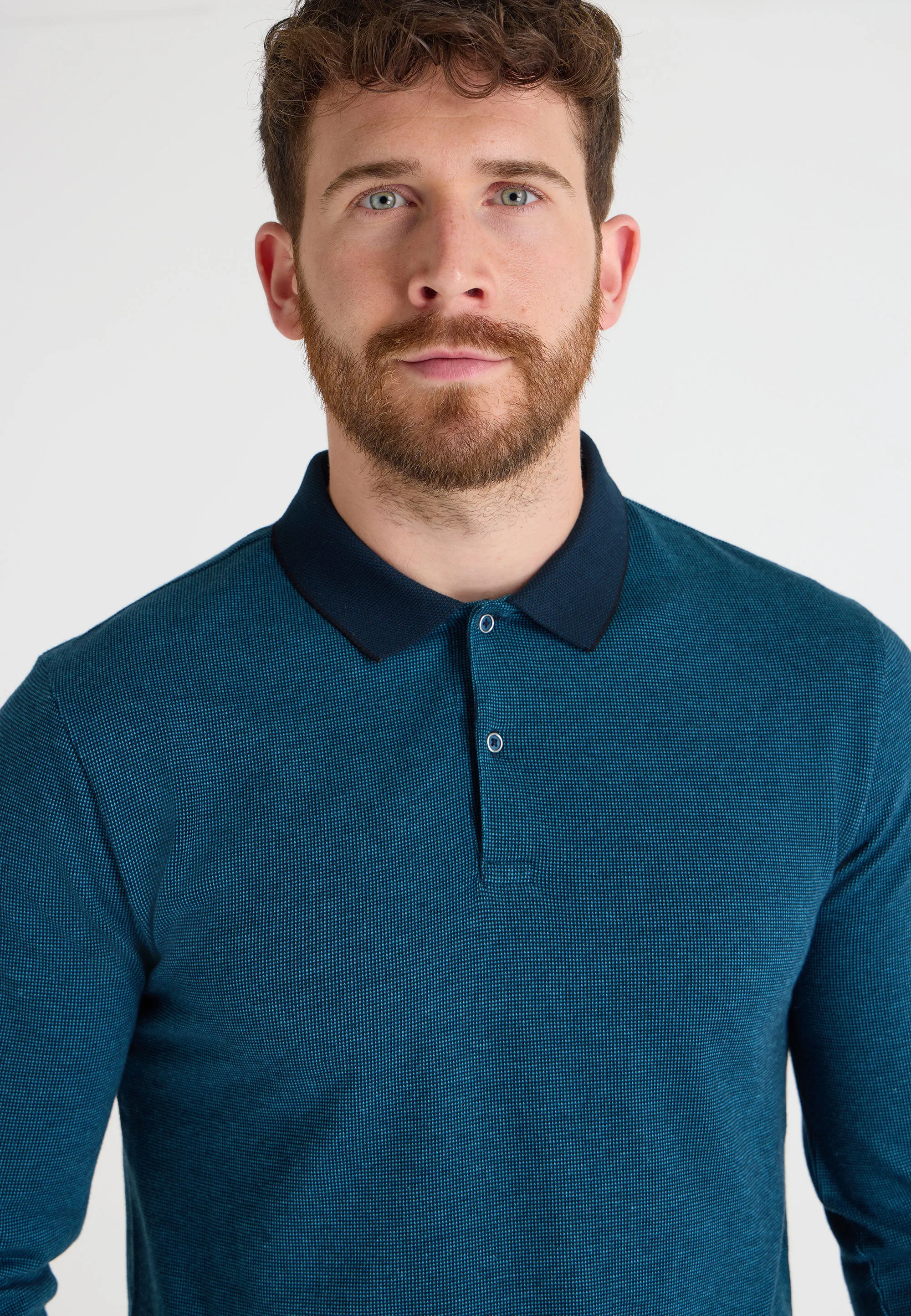 Mens Teal Jacquard Long Sleeve Polo Shirt