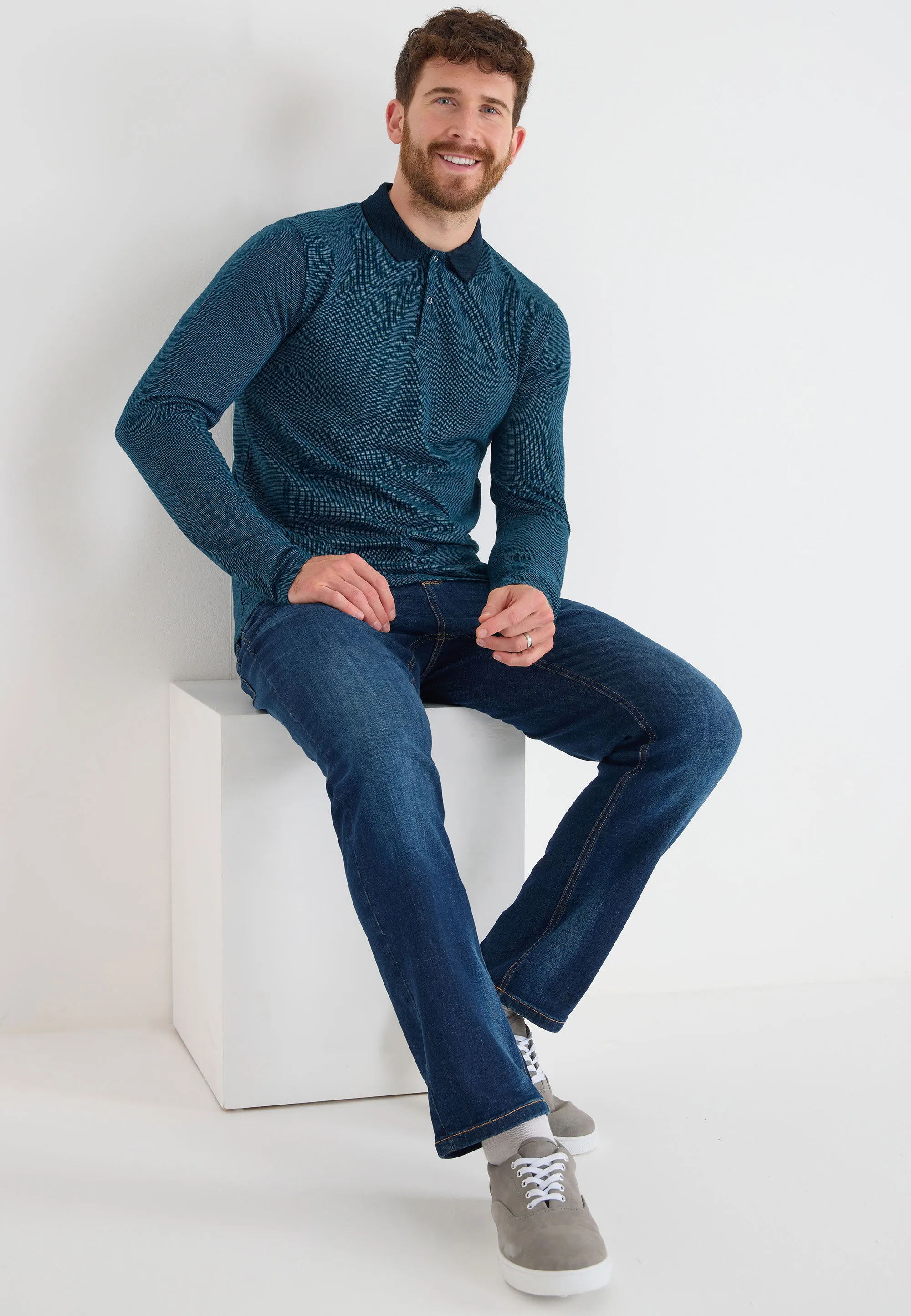 Mens Teal Jacquard Long Sleeve Polo Shirt