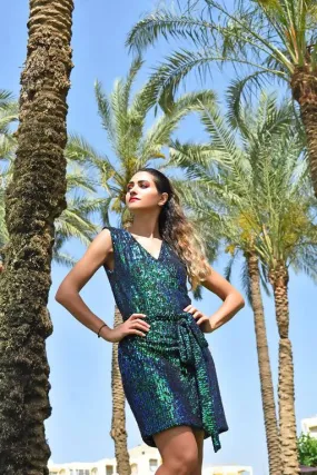 Mini Sequin Wrap Dress Cameleon Green-Palmaia