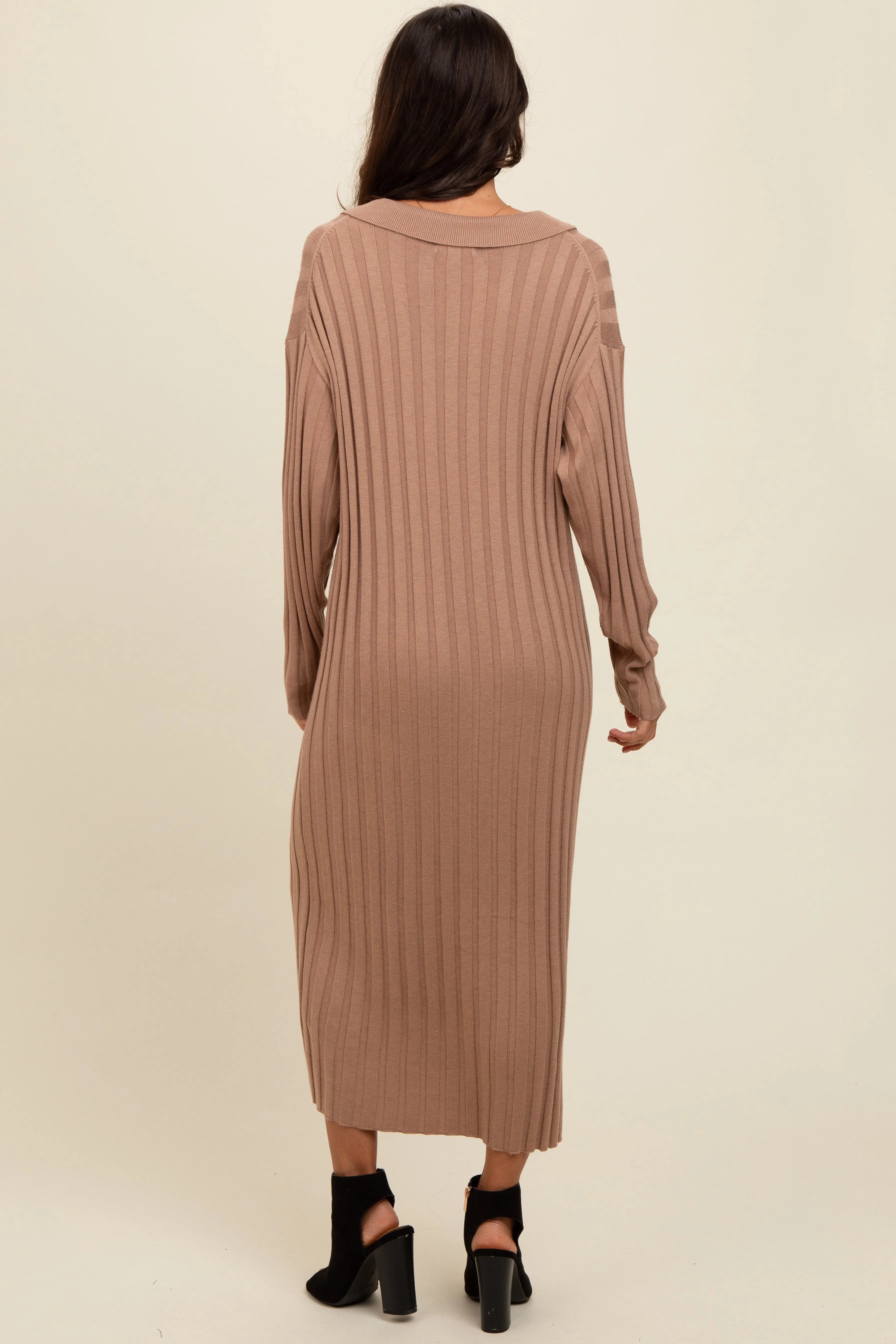 Mocha Ribbed Collared Midi Sweater Dress