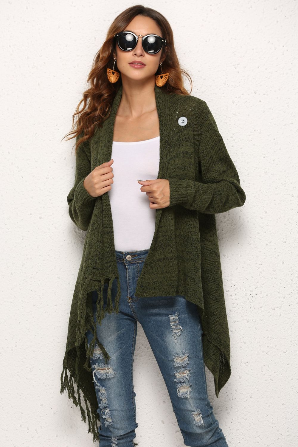 One-Button Tassel Tie Asymmetrical Hem Cardigan