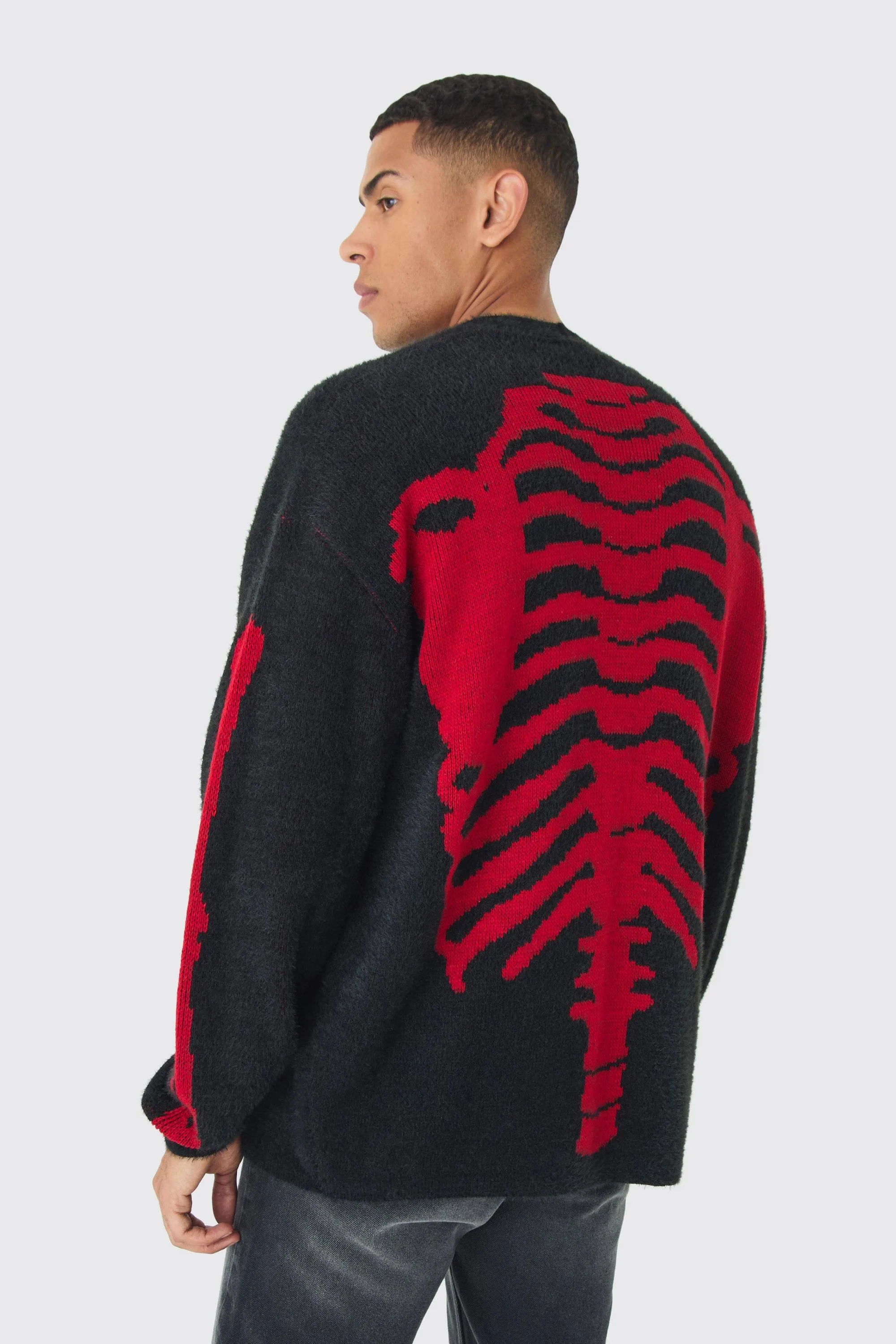 Oversized Ribcage Intarsia Fluffy Knit Cardigan in Black