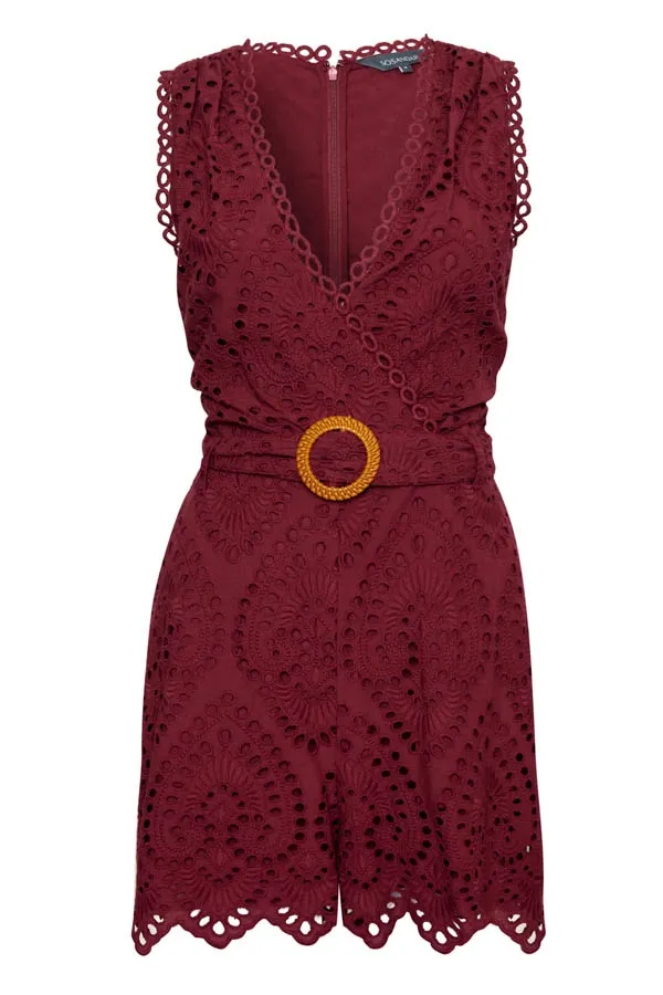 Petite Burgundy Broderie Wrap Front Playsuit