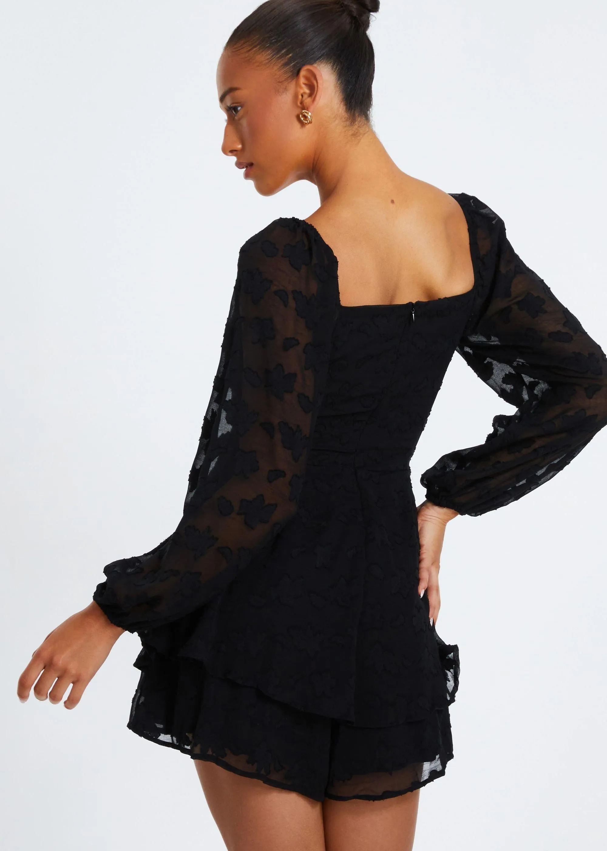 Playsuits | Black Floral Jacquard Tiered Playsuit | Quiz