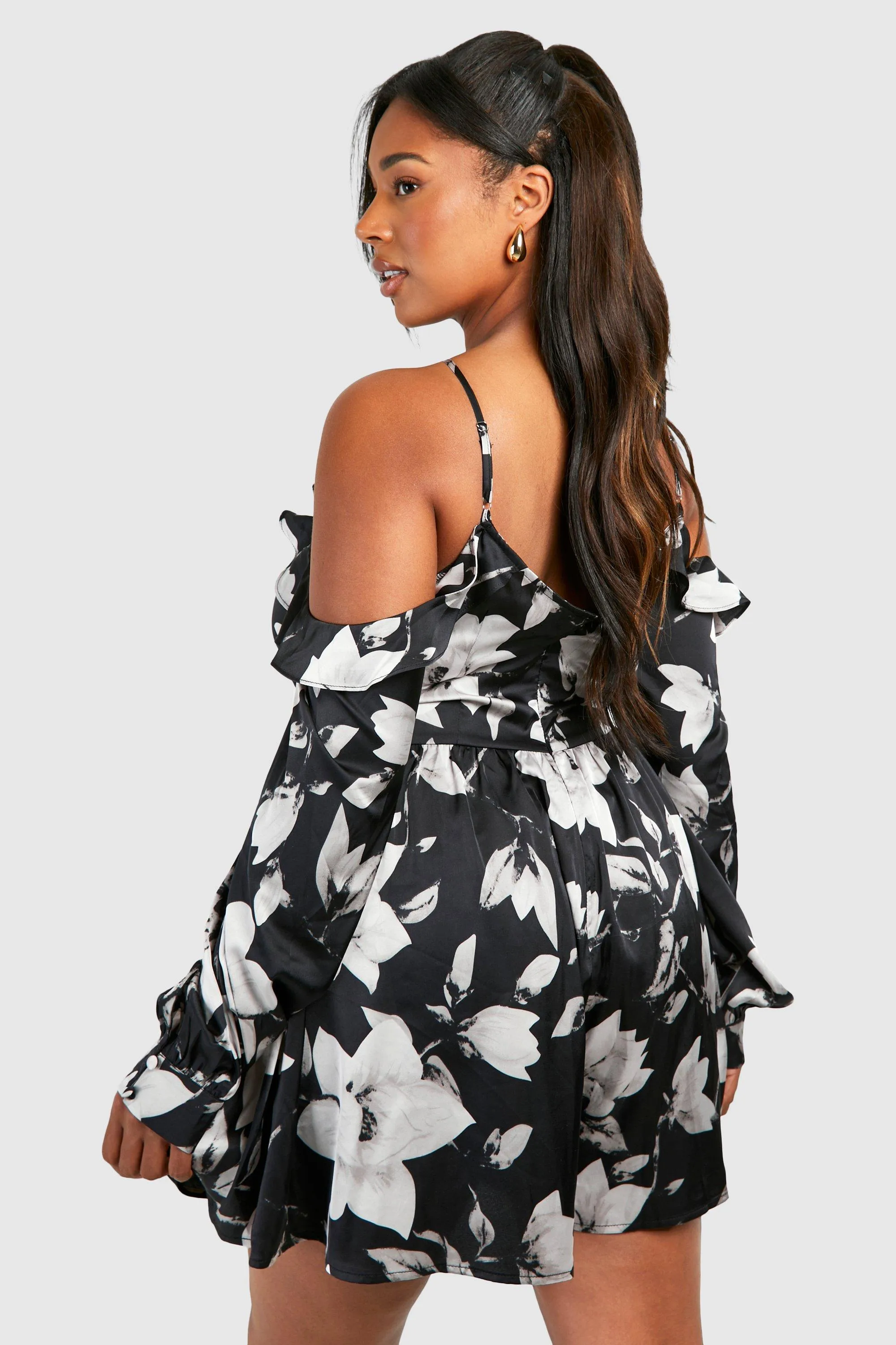 Playsuits | Plus Satin Floral Halterneck Ruffle Playsuit | boohoo