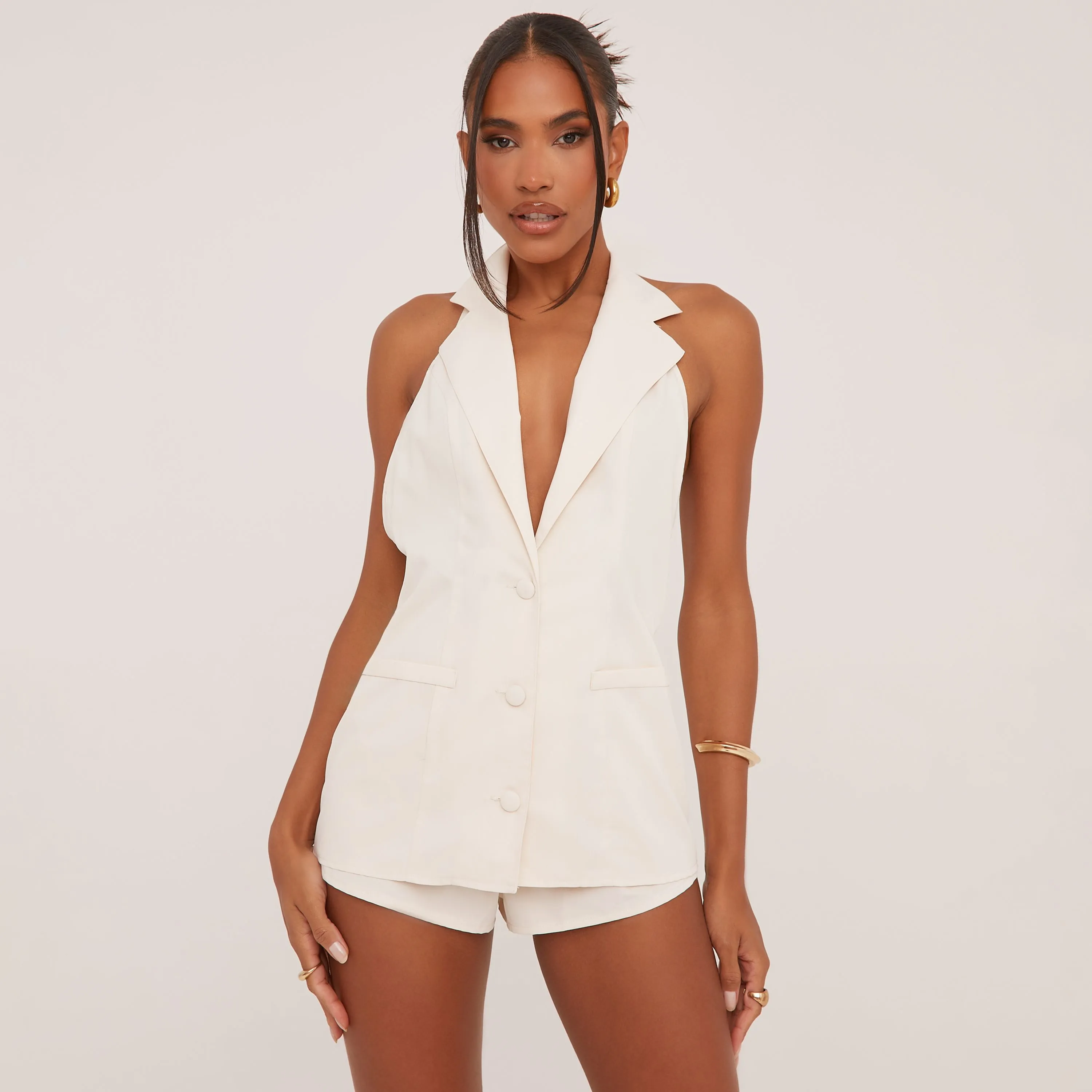 Plunge Button Front Open Back Tailored Playsuit In Cream