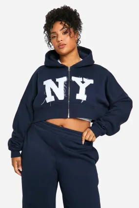 Plus NY Self Fabric Applique Boxy Zip Through Hoodie