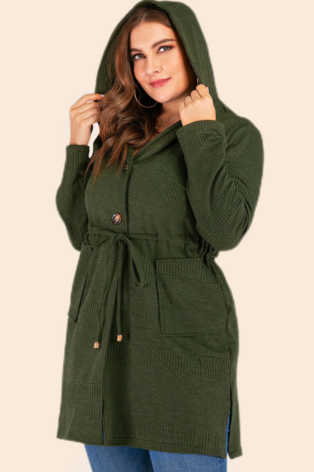 Plus Size Drawstring Waist Hooded Cardigan with Pockets (L÷5XL)