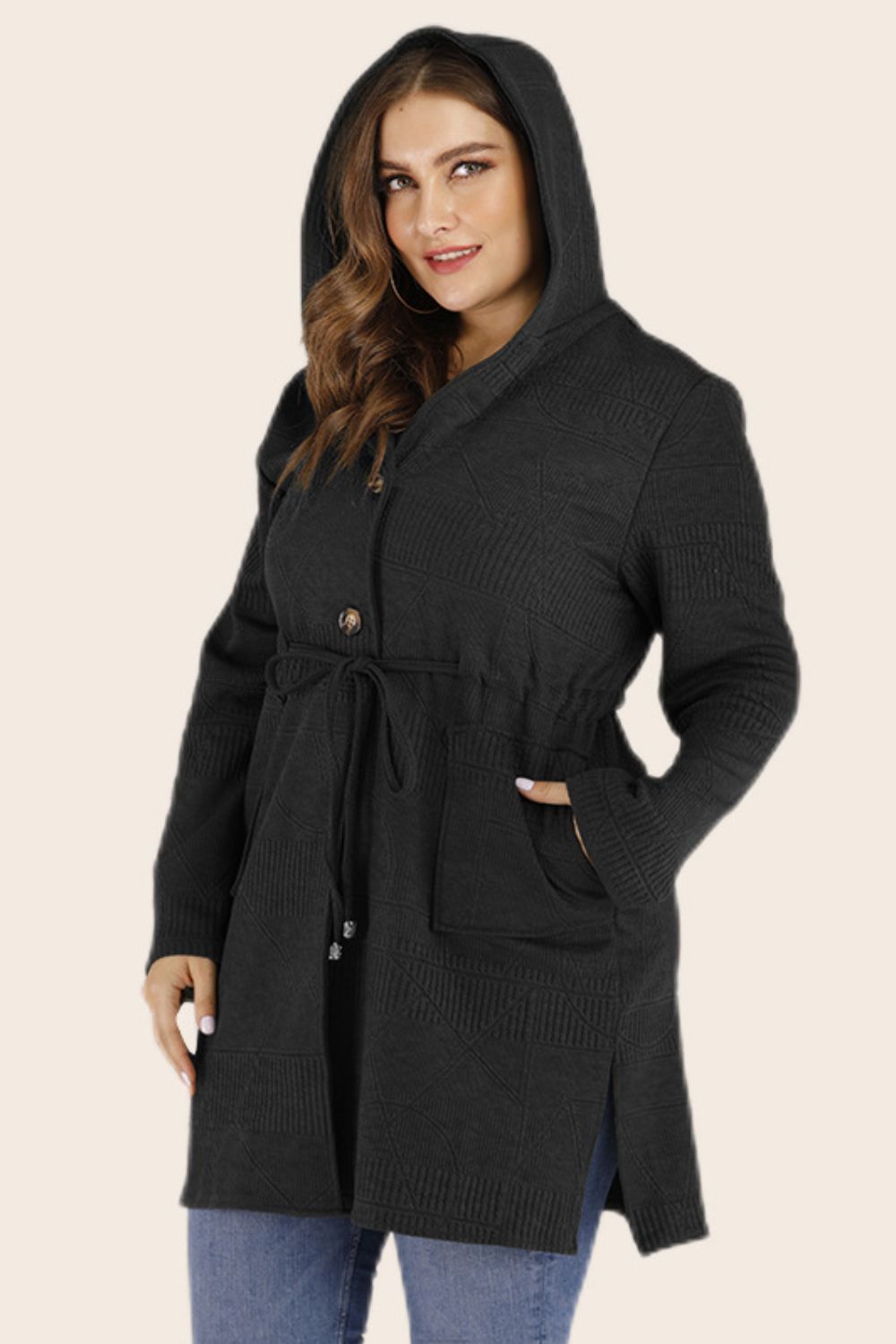 Plus Size Drawstring Waist Hooded Cardigan with Pockets (L÷5XL)