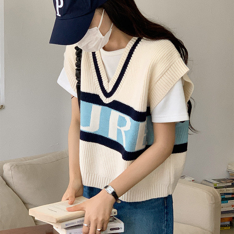 PURE Letter Printed Casual Waistcoat Sweatshirts Vests V-neck Striped Pullover