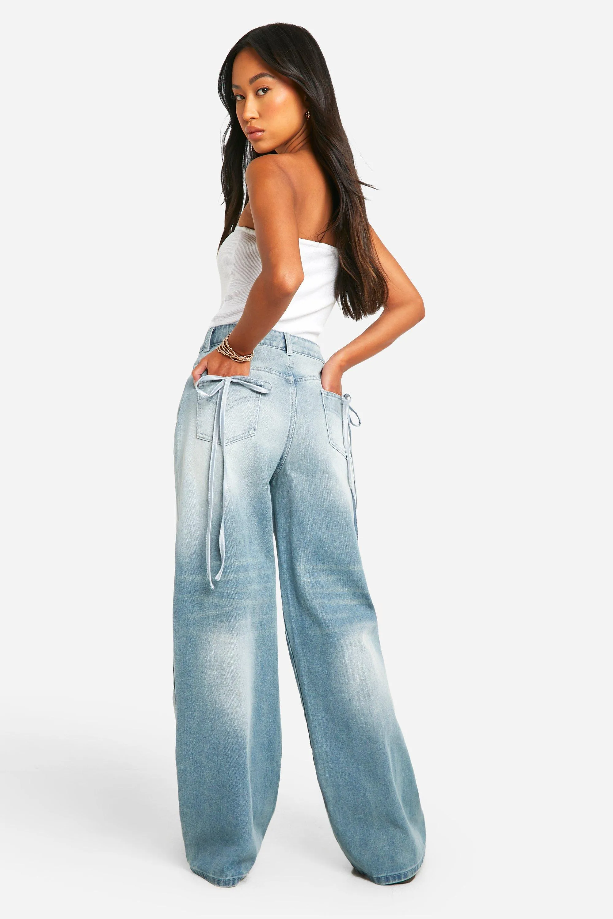 Ribbon Pocket Detail Straight Leg Jeans