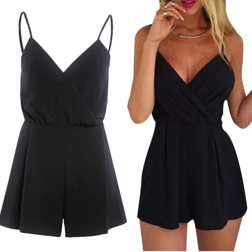 Rompers Womens Jumpsuit 2016 Sleeveless Sling Black shorts Sexy Jumpsuit #3546 SM6