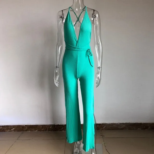 Sexy Side Split Jumpsuit Women 2019 Deep V Neck Rompers